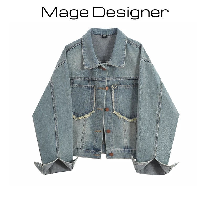 Retro fur edge pocket denim jacket for women spring and autumn all-match loose casual bf style short jacket for petite