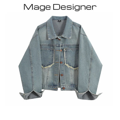 Retro fur edge pocket denim jacket for women spring and autumn all-match loose casual bf style short jacket for petite