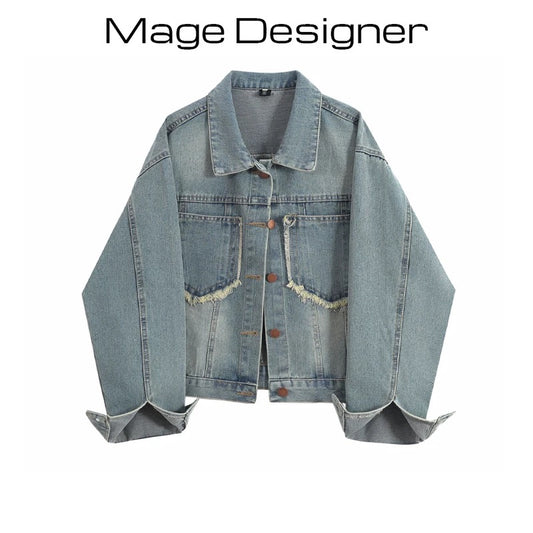 Retro fur edge pocket denim jacket for women spring and autumn all-match loose casual bf style short jacket for petite