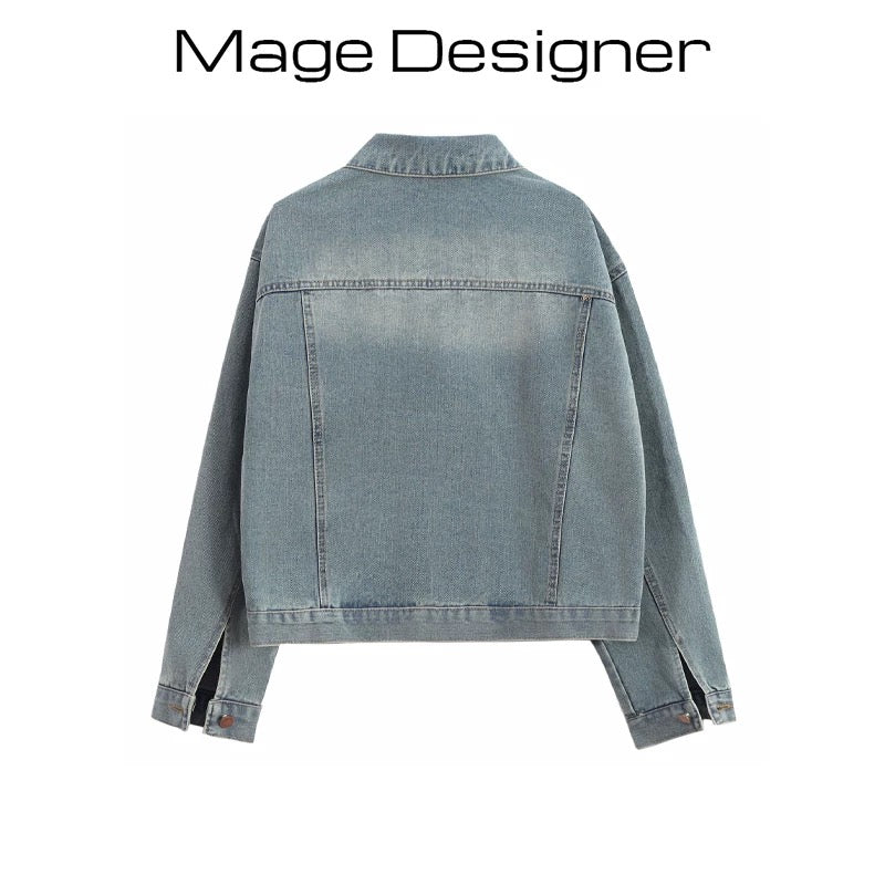 Retro fur edge pocket denim jacket for women spring and autumn all-match loose casual bf style short jacket for petite