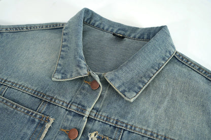 Retro fur edge pocket denim jacket for women spring and autumn all-match loose casual bf style short jacket for petite