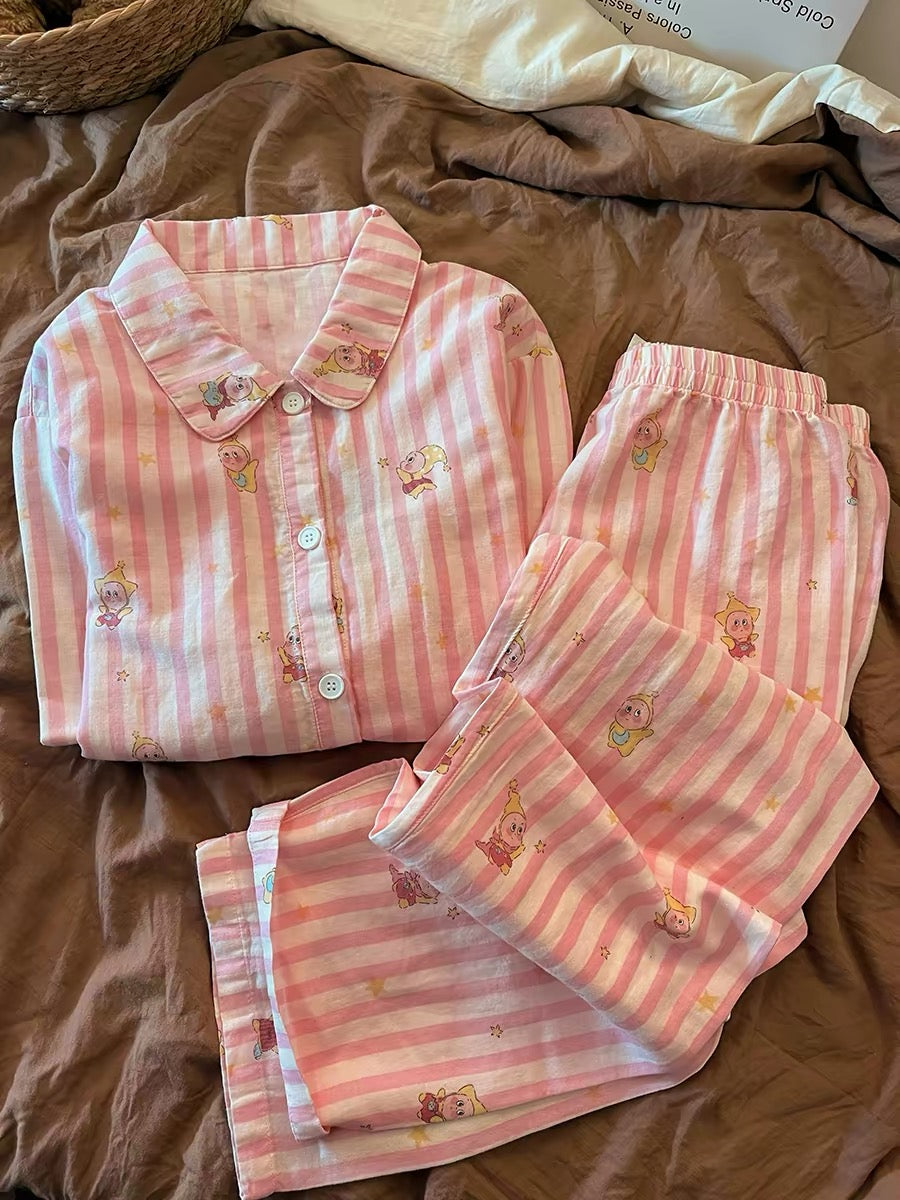 Sin Glee Women's Spring Loungewear Set – Cute Pink Striped Star-Print Pajamas (Sweet & Loose Fit)