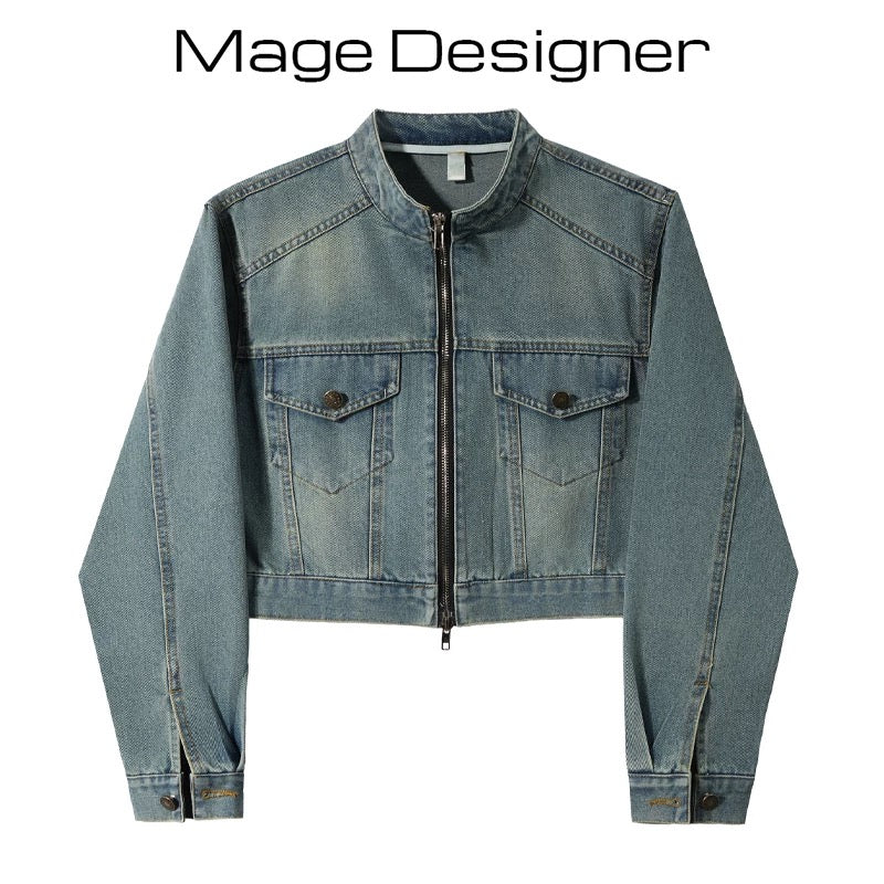 Korean style denim jacket for women autumn and winter retro stand collar zipper casual versatile short design fashion long sleeve top