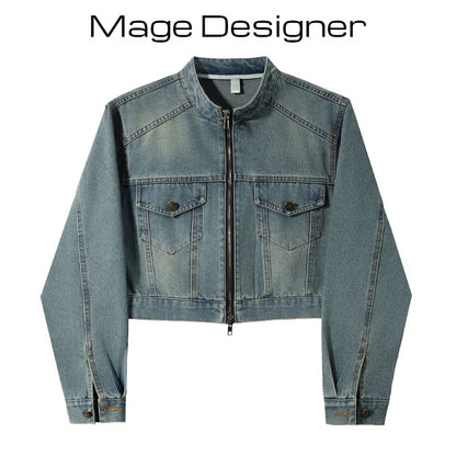 Korean style denim jacket for women autumn and winter retro stand collar zipper casual versatile short design fashion long sleeve top