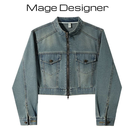 Korean style denim jacket for women autumn and winter retro stand collar zipper casual versatile short design fashion long sleeve top