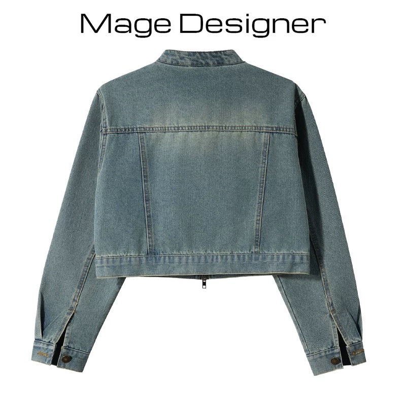 Korean style denim jacket for women autumn and winter retro stand collar zipper casual versatile short design fashion long sleeve top