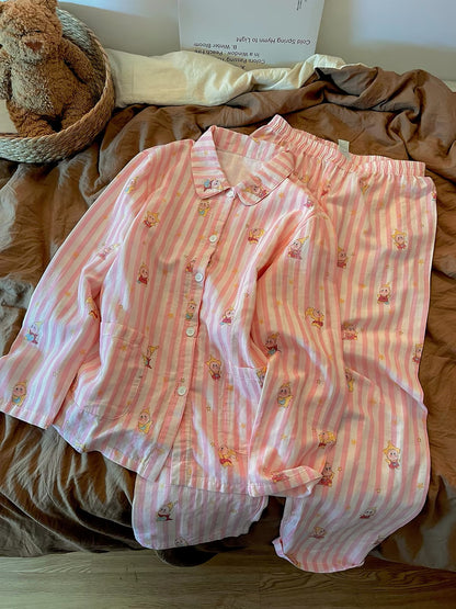 Sin Glee Women's Spring Loungewear Set – Cute Pink Striped Star-Print Pajamas (Sweet & Loose Fit)