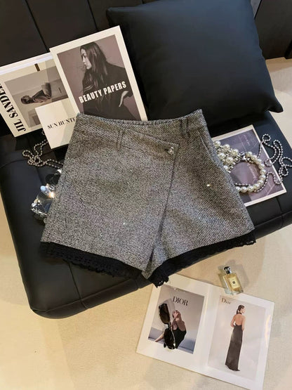 ZHOUYI/Monday: Women's high-waisted shorts with designer lace trim, new autumn style, grey casual and versatile pants.