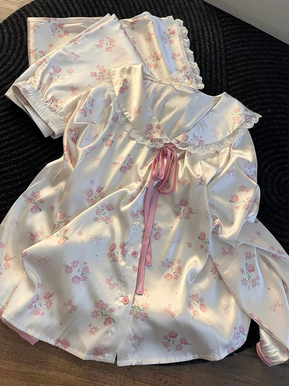 Sin Glee Women's Sweet Floral Peter Pan Collar Ice Silk Pajama Set – Long-Sleeved Loungewear Suitable for Spring & Autumn (Wearable Outdoors)