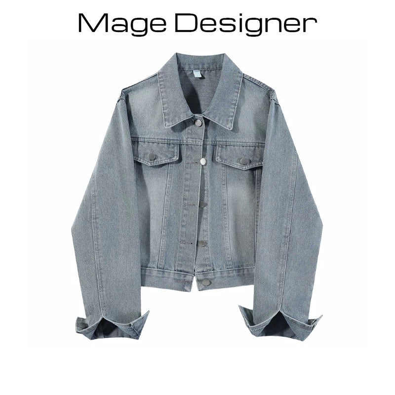 Light blue denim short jacket Korean style loose washed denim women's spring and autumn petite retro fashion temperament top