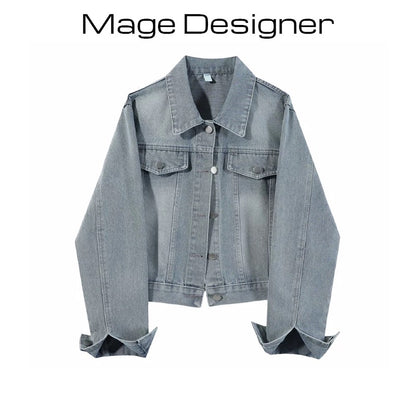 Light blue denim short jacket Korean style loose washed denim women's spring and autumn petite retro fashion temperament top