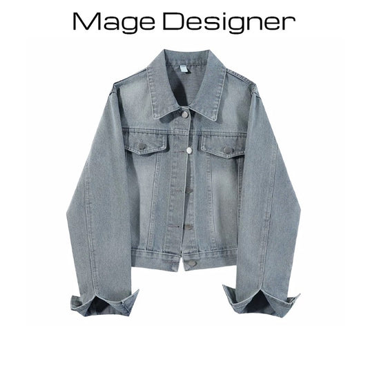 Light blue denim short jacket Korean style loose washed denim women's spring and autumn petite retro fashion temperament top
