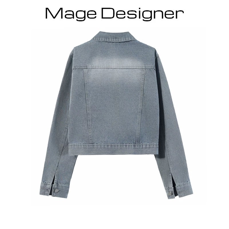 Light blue denim short jacket Korean style loose washed denim women's spring and autumn petite retro fashion temperament top