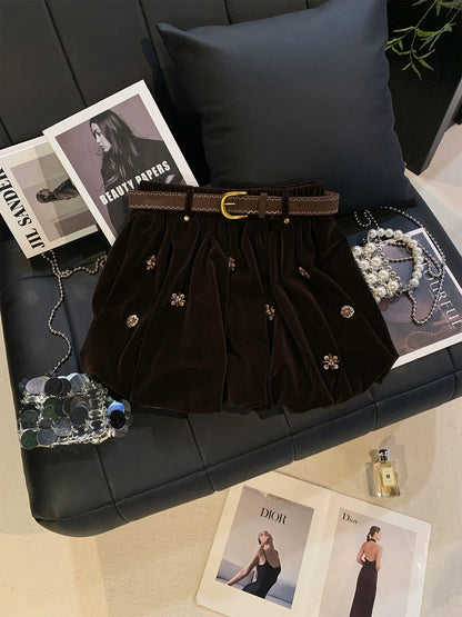 ZHOUYI/Monday: Designer-style sequined floral velvet flared mini skirt, autumn/winter brown, slimming A-line skirt.