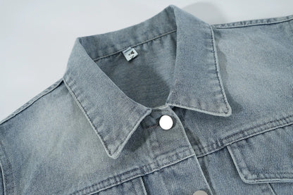 Light blue denim short jacket Korean style loose washed denim women's spring and autumn petite retro fashion temperament top