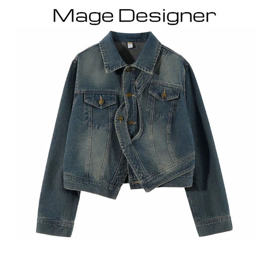 Denim short jacket for women 2023 spring and autumn new irregular design Hong Kong style retro short age-reducing jacket top