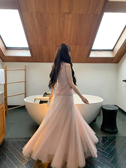 Feng Xinying's elegant, high-end, fragrant vest, sleeveless vest for women + skirt, mesh skirt, spring two-piece suit