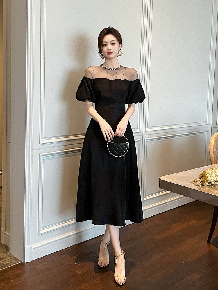 Hepburn style black dress, high-end dress, ladylike goddess style, puf ...