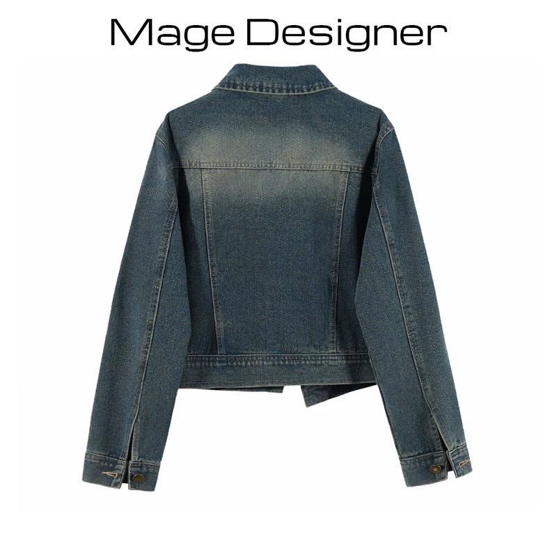 Denim short jacket for women 2023 spring and autumn new irregular design Hong Kong style retro short age-reducing jacket top