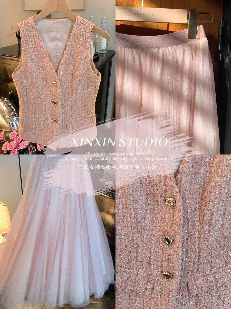 Feng Xinying's elegant, high-end, fragrant vest, sleeveless vest for women + skirt, mesh skirt, spring two-piece suit