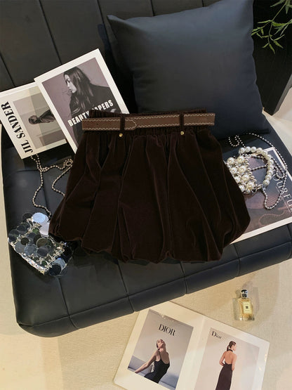 ZHOUYI/Monday: Designer-style sequined floral velvet flared mini skirt, autumn/winter brown, slimming A-line skirt.