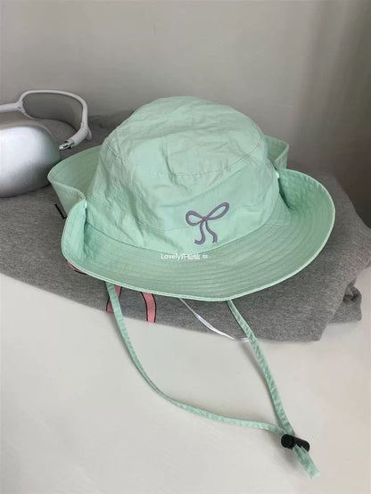 lovely breathable fisherman hat student mesh cute girl hiking hat bow candy color thin quick-drying hat