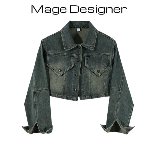 2024 autumn new Hong Kong style retro short denim jacket women's spring and autumn loose slim denim jacket tops