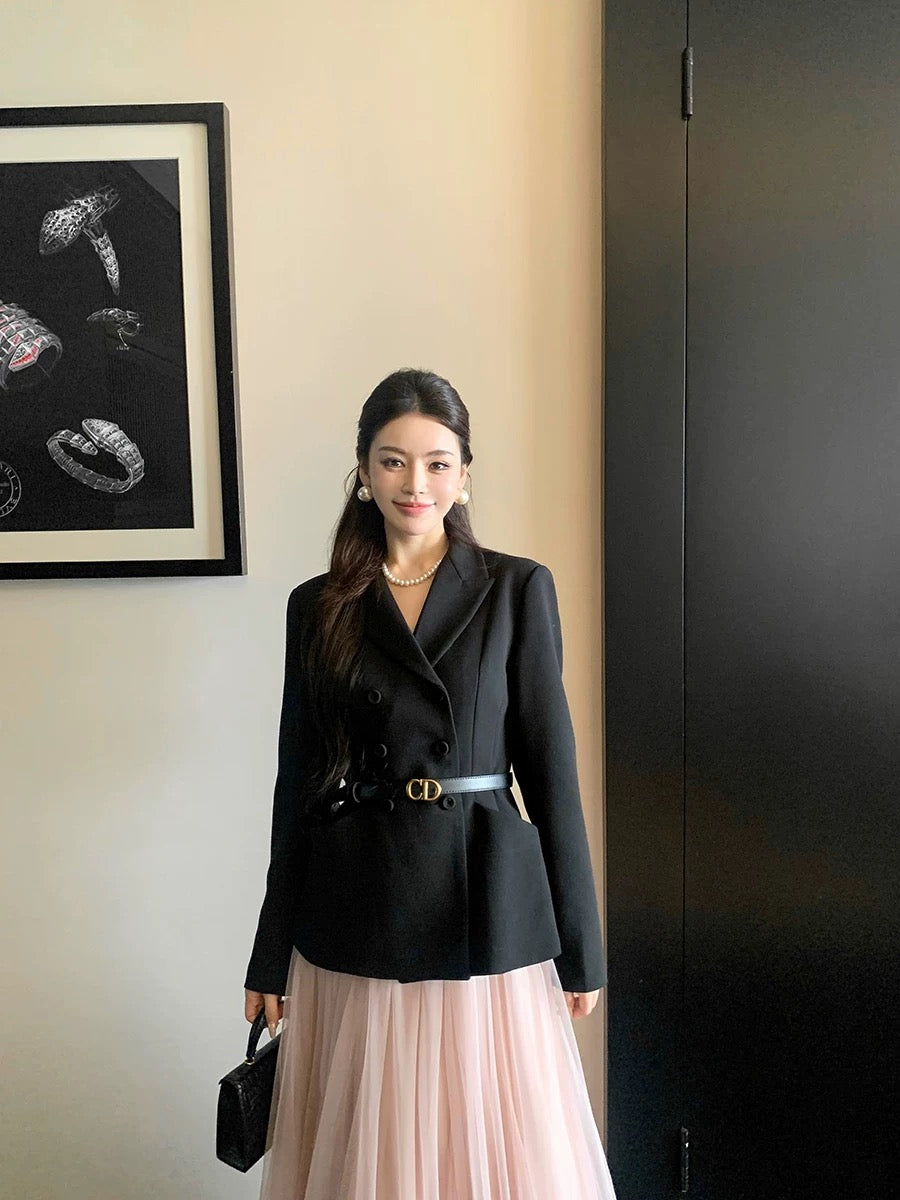 Feng Xinying black versatile workplace style suit jacket for women 2025 spring new suit top + skirt