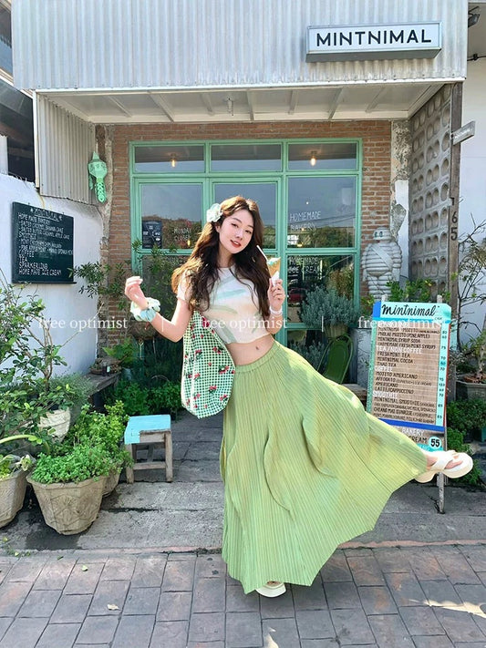 TIDE STUDIOS forest print simple top for women summer high waist green irregular skirt suit