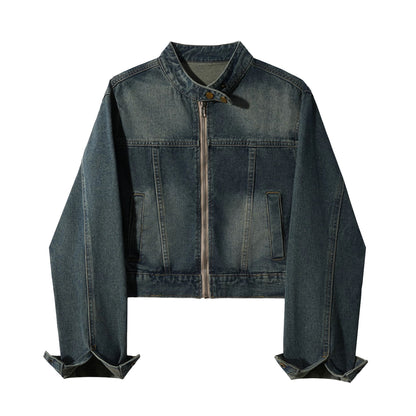 American retro distressed stand collar denim jacket for women spring and autumn high-end loose petite cropped jacket top