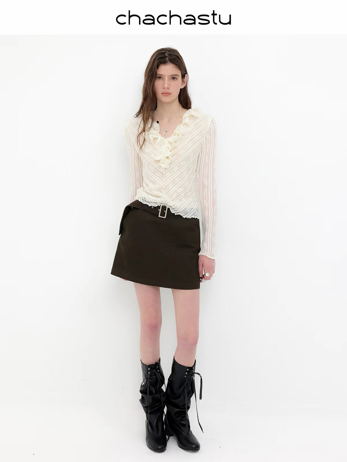CHACHA Coastline – Women's Autumn Sheer-Look Blouse: Intricately Crafted Double-Layer Ruffled Lace with Dimensional Fishing-Line Edging