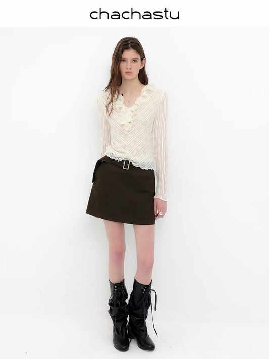 CHACHA Coastline – Women's Autumn Sheer-Look Blouse: Intricately Crafted Double-Layer Ruffled Lace with Dimensional Fishing-Line Edging