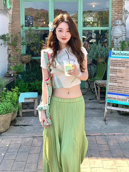 TIDE STUDIOS forest print simple top for women summer high waist green irregular skirt suit