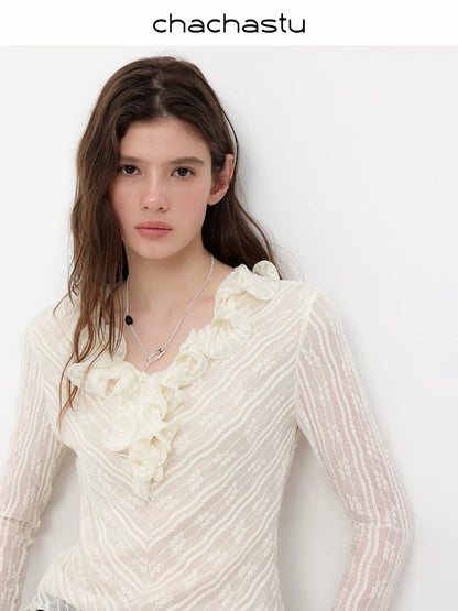 CHACHA Coastline – Women's Autumn Sheer-Look Blouse: Intricately Crafted Double-Layer Ruffled Lace with Dimensional Fishing-Line Edging