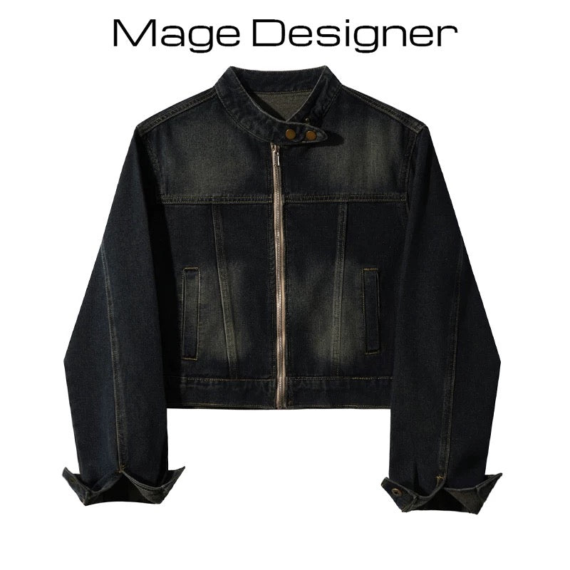 American retro distressed stand collar denim jacket for women spring and autumn high-end loose petite cropped jacket top