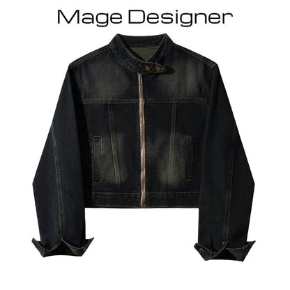 American retro distressed stand collar denim jacket for women spring and autumn high-end loose petite cropped jacket top
