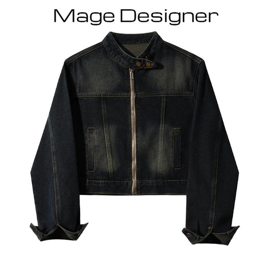 American retro distressed stand collar denim jacket for women spring and autumn high-end loose petite cropped jacket top