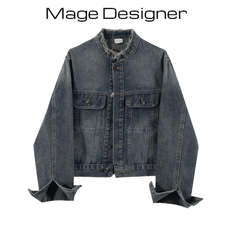 Retro washed design raw edge round neck denim short jacket for women 2023 early autumn new Korean style loose jacket top