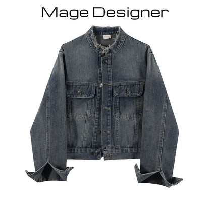 Retro washed design raw edge round neck denim short jacket for women 2023 early autumn new Korean style loose jacket top