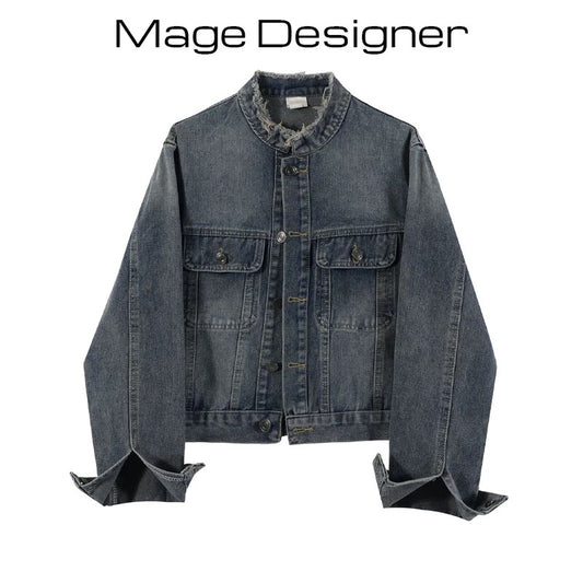 Retro washed design raw edge round neck denim short jacket for women 2023 early autumn new Korean style loose jacket top