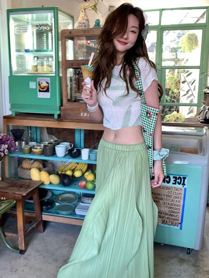 TIDE STUDIOS forest print simple top for women summer high waist green irregular skirt suit