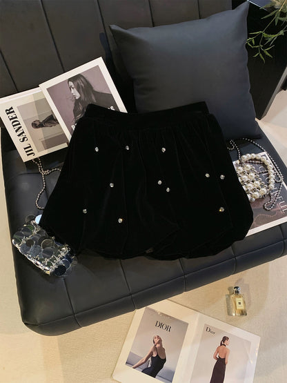 ZHOUYI/Monday High-end Velvet Waist-cinching Rhinestone Midi Skirt, Autumn/Winter, Superb Elegant and Versatile Short Skirt