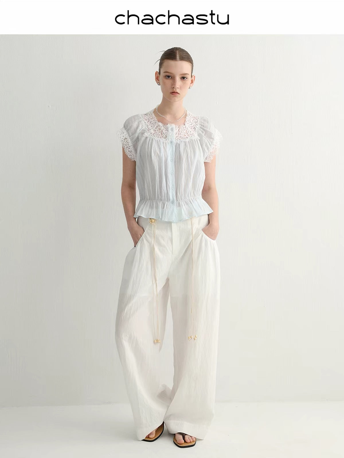 CHACHA "Ice-Salt Summer" Square-Neck Blouse: Naturally Cooling Ribbed-Texture Lyocell & Lace Top for Women