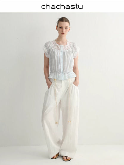 CHACHA "Ice-Salt Summer" Square-Neck Blouse: Naturally Cooling Ribbed-Texture Lyocell & Lace Top for Women