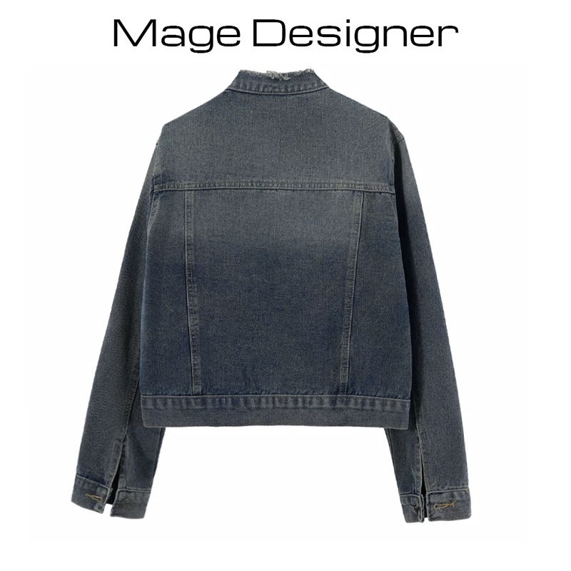 Retro washed design raw edge round neck denim short jacket for women 2023 early autumn new Korean style loose jacket top