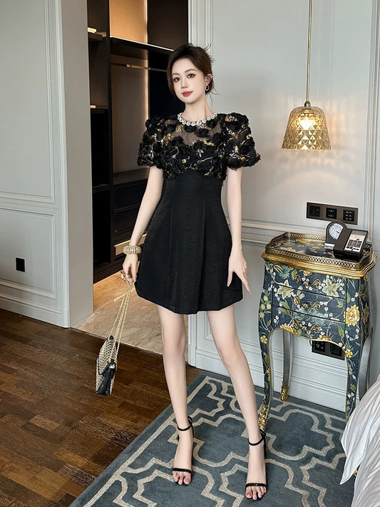 European station black dress high-end summer new style female rich and famous lady puff sleeve waist A-line skirt