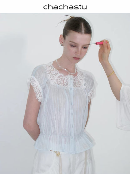 CHACHA "Ice-Salt Summer" Square-Neck Blouse: Naturally Cooling Ribbed-Texture Lyocell & Lace Top for Women