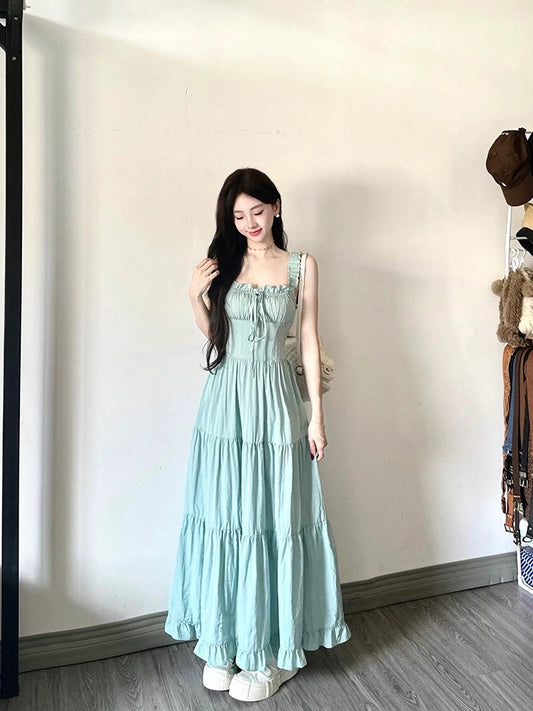 TIDE STUDIOS College Style Mint Milk Green Suspender Skirt Women's Summer Waist Elegant Sleeveless Cake A-Line Skirt