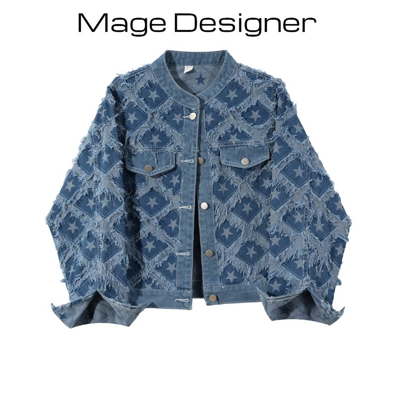 Women's denim jacket with raw-edge star-shaped pattern, versatile tassels, loose and slim short jacket top
