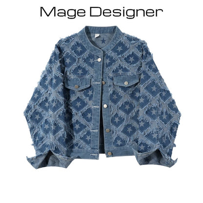 Women's denim jacket with raw-edge star-shaped pattern, versatile tassels, loose and slim short jacket top